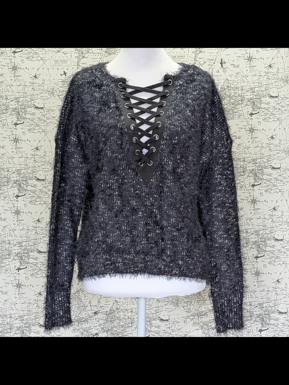 Express Black Eyelash Knit Lace Up Front Sweater Size XS